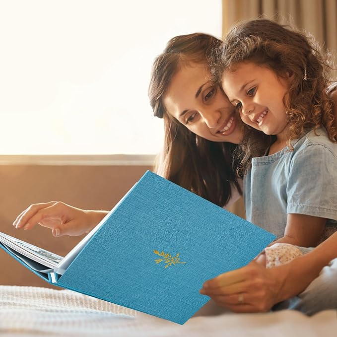 Self Adhesive Photo Album, Sky Blue Scrapbook Album with DIY 60 Blank Pages, Wedding Photo Album with A Metallic Pen for 4x6 5x7 2x3 Pictures,12.9"x13.4"