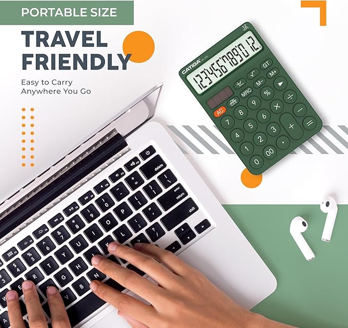 CATIGA 12 Digit Desktop Calculator Basic Desk Calculator with Large LCD Display, Big Buttons, 4 Function, Solar and Battery Dual Power, for Office, School, Home, SD-1292 Green