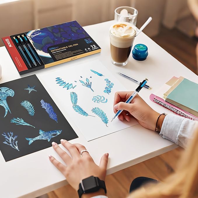 Retractable Glitter Gel Pens, 12 Colors Large Capacity Blue Glitter Metallic Gel Ink Pen, 1 mm Fine Point Smooth Writing Color Pens for Adult Coloring Book Note Taking Aesthetic Art Supplies