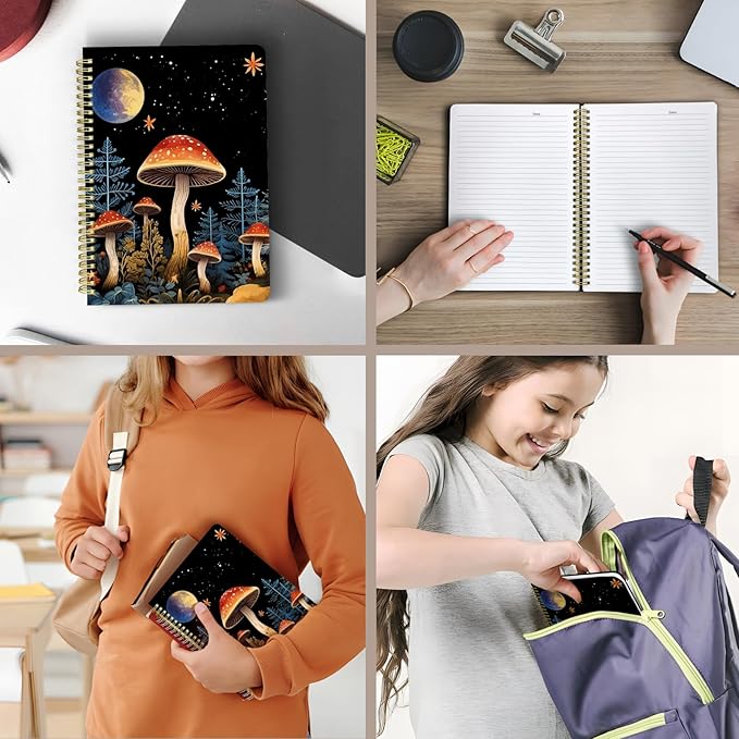 Cute Spiral Notebook journal B5 Aesthetic Pretty Design for Women Girls Kawaii with Pocket, 10 x 7.2 inch, Lined, Moon Mushroom