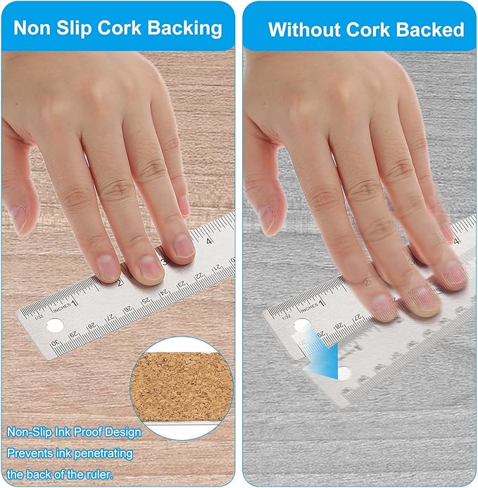 PATIKIL 6 Inch Stainless Steel Ruler Straight Edge Ruler, 2 Pcs Cork Backing Non-Slip Metal Ruler with Inches Centimeter Metric Measuring Tools for Office