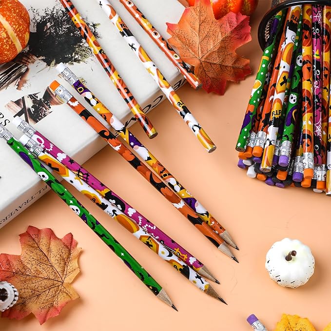 LOMIMOS 120pcs Halloween Pencil Bulk,Colorful Wooden with Eraser 12 Patterns Stationery for Kid Trick or Treat Gift Prize Party Favor School Office Supply Goody Bag Classroom Reward