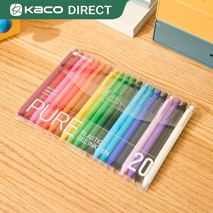 Kaco PURE Gel Pens 20 Pieces 0.7mm Assorted Color Ink Aesthetic Journaling Pens Cute, Retractable, Soft Touch Barrel, Quick Drying