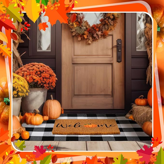 2 Pcs Thanksgiving Coir Doormat Outdoor Thanksgiving Pumpkin Welcome Outdoor Rugs for Layered Buffalo Black White Plaid Mats for Autumn Fall Front Door Porch Entryway Decor