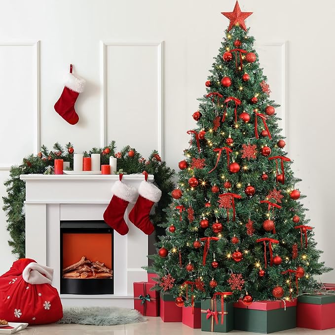 86Pcs Led Light Red Christmas Tree Decorations Set 100 Led Light Christmas Star Trees Topper with String Lights Xmas Balls Snowflakes Ornaments Bows Xmas Trees Decor 20m Light String