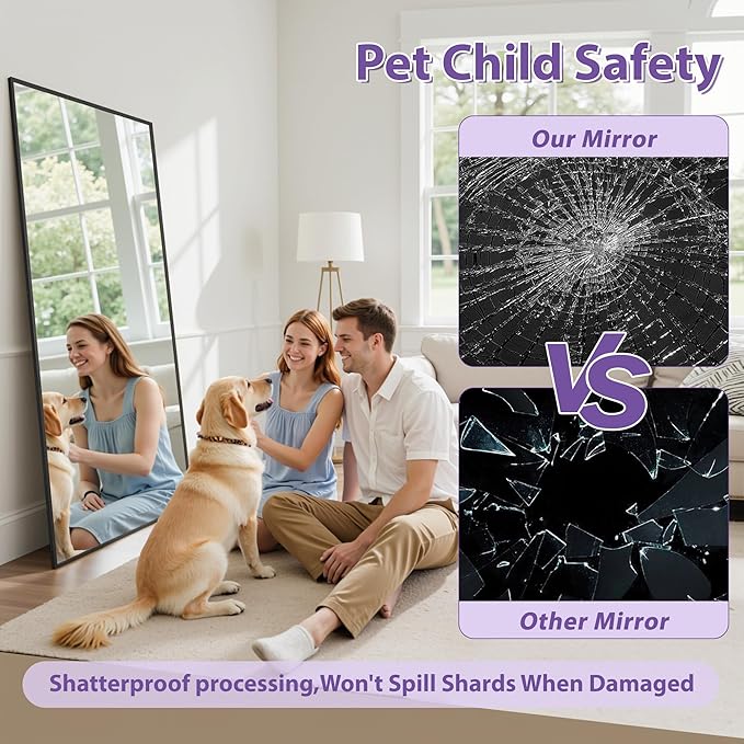 Full Length Mirror, 76"x34" Oversized Floor Mirror Freestanding, Full Body Mirror Floor Standing Mirrors with Stand, Hanging Mounted Mirrors for Bedroom Living Room, Black, Rect Style