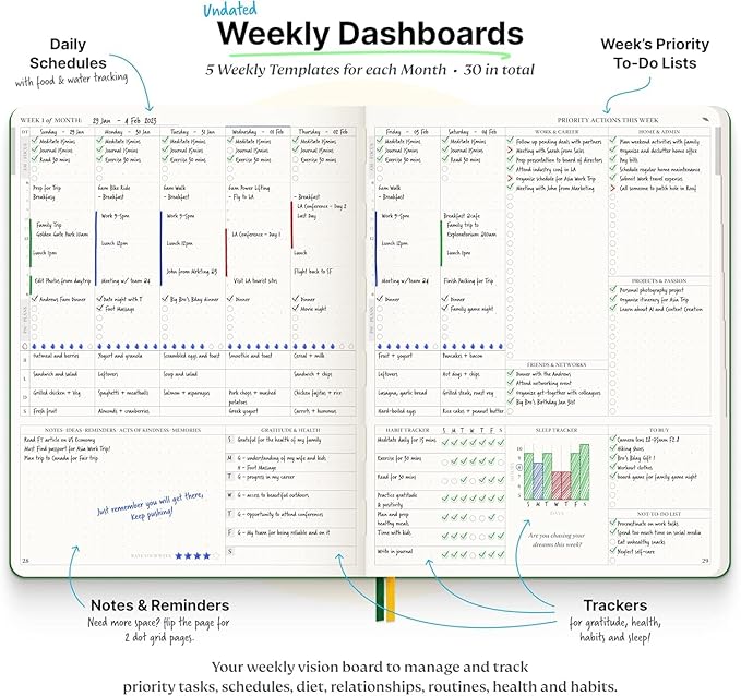 Purpose Planner Notebook B5 Hardcover 7.5”x9.8”- Teal Undated Daily, Weekly, and Monthly 2025 - Productivity & Goal Setting Tool for Work, Home, and Self-Care - ADHD & Journal for Adults