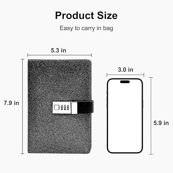 CAGIE Journal with Lock for Women Refillable Lock Journal for Men with 224 Pages Glitter Black Diary with Lock for Girls, Adults, 5.3 x 7.9 Inches