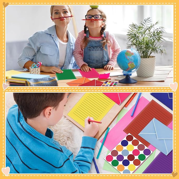 TaoBary 160 Packs Stationery Paper Set (50 Double Sided Stationery Writing Papers 50 Matching Envelopes) 60 Round Dot Sticker, 10 Design (Bright Color)