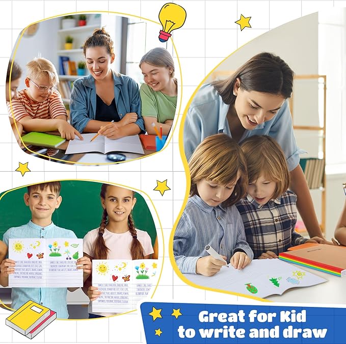 Henoyso 60 Pcs Primary Composition Notebook for Kids 9.75 x 7.5 Inch K-2 Primary Writing Journal with Rainbow Spine 60 Pages Draw and White Journal for Student Back to School Supplies