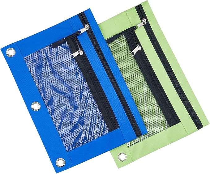 3 Ring Binder Pencil Pouchs, Zippered Pencil P9ouch Double Pocket Pencil Pouch 3 Ring with Clear Window (Blue&Green 2pack)