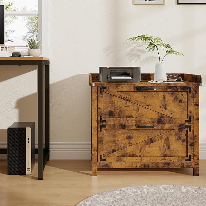2 Drawer File Cabinet with Lock, Modern Farmhouse Filing Cabinet for Legal/Letter/A4 Size Hanging Files, Large Wood File Cabinets for Home Office