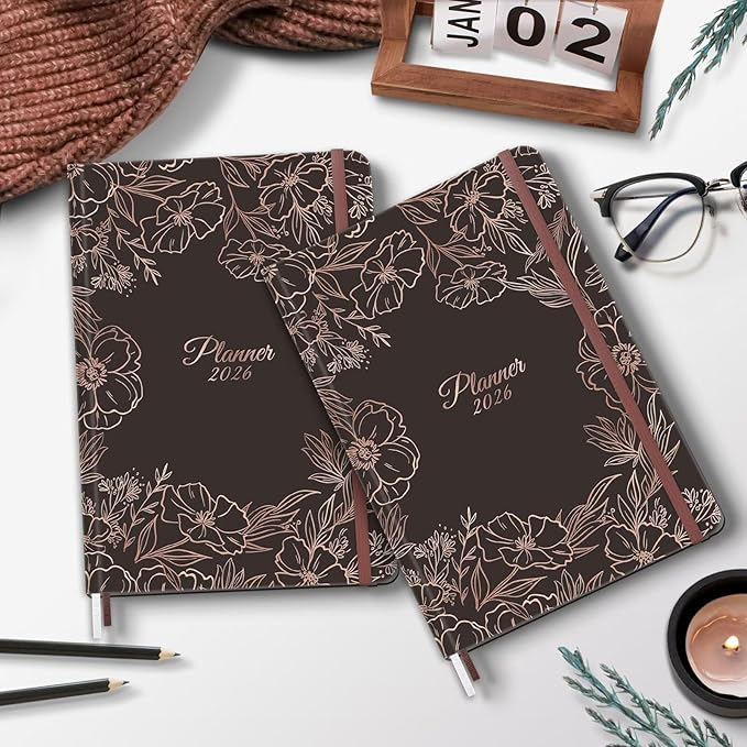 2026 Planner, 12 Month Weekly and Monthly Calendar 2026, Hardcover Daily Agenda Planners from Jan. to Dec, Habit Tracker Journal with Ribbon Bookmark 5.75" x 8.4"(Gold Flower)