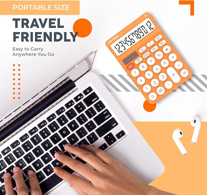 CATIGA 12 Digit Desktop Calculator Basic Desk Calculator with Large LCD Display, Big Buttons, 4 Function, Solar and Battery Dual Power, for Office, School, Home, SD-1292 Orange