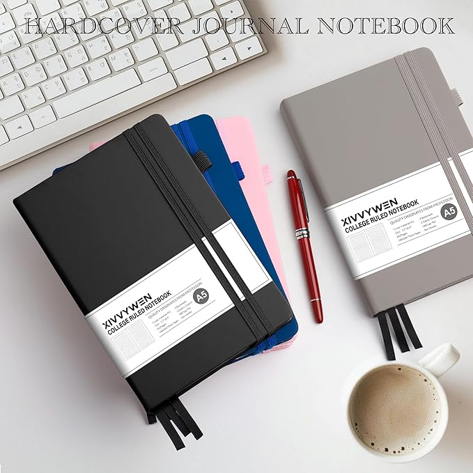 Lined Journal Notebook for Women Men, 352 Pages A5(5.7" x 8.3")College Ruled Hardcover Leather Journals for Writing, Daily Journal Notebooks for Work, Note Taking, Travel, School, Business (Black)