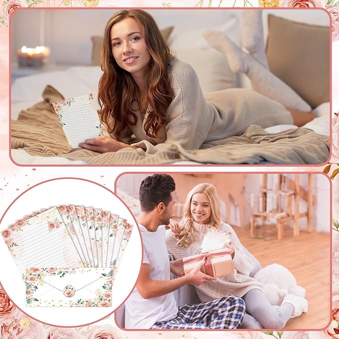 TaoBary 160 Pcs Stationery Paper Set 50 Double Sided Stationery Papers with 50 Matching Envelopes and 60 Round Dot Sticker, 10 Design(Floral,8.5 x 11 Inch)