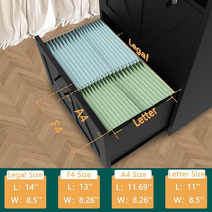 2 Drawer Lateral File Cabinet with Charging Station, Wood Filing Cabinet with Lock & LED Light, Large Storage Printer Stand for Home Office, Black