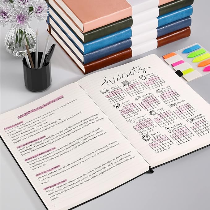 College Ruled Notebook, Large B5 Lined Journal Notebook, 314 Numbered Pages Work Notebook with Index Stickers, 100gsm Thick Paper, Hardcover Vegan Leather Journal for Women Men School Office, Green