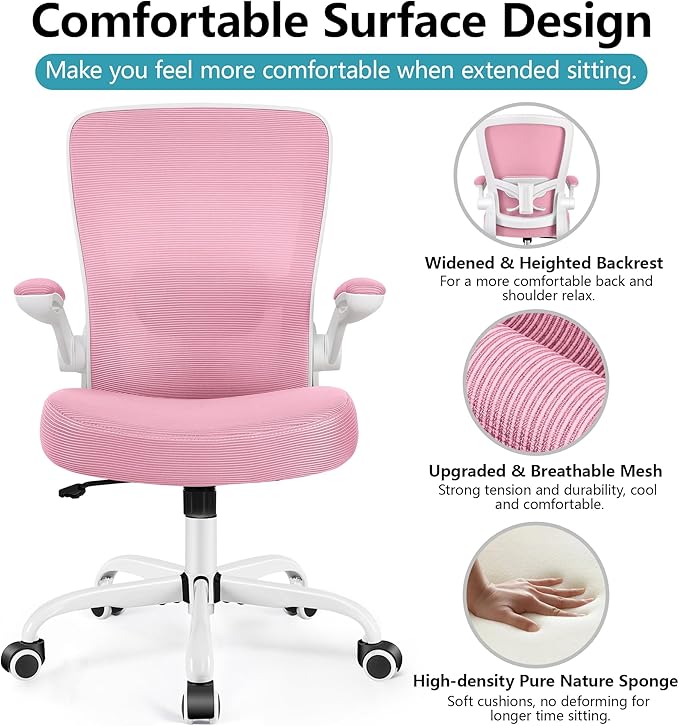 FelixKing Office Chair, Ergonomic Desk Chair Breathable Mesh Chairs with Adjustable High Back Lumbar Support Flip-up Armrests, Executive Swivel Comfy Task Computer Chairs for Home Office Pink