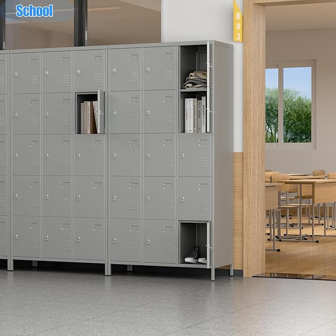 Metal Storage Locker with 9 Doors and 27 Hooks,Metal Lockers for Employees with Lock for School Garage Office Gym,Assembly Required,Light Grey