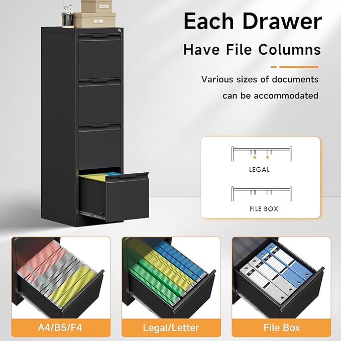Bestoo 4-Drawer File Cabinet with Lock, Metal Filing Cabinet for Home Office, Vertical Filing Storage Cabinets, Fits File Folders, Letter/Legal/F4/A4 Size, Assembly Required (Black)