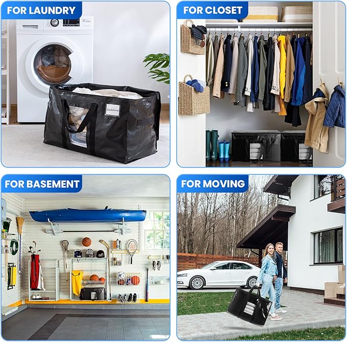 TAILI Extra Large Moving Bags, 2 Pack Black Heavy Duty Totes For Storage with Visible Window, Wrap Around Handles, Storage Bags for Space Saving, Alternative to Moving Boxes