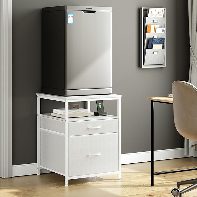 Mini Fridge Stand with 3 Storage, Mini Fridge Cabinet, Beverage Fridge Table, Heavy Duty 21.3" L* 22.7" W Tabletop, for Dorm, Apartment,Office, Bedroom White HB01BXW