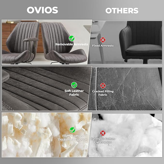 ovios Ergonomic Home Office Chair, Mid-Century Modern Faux Leather Chairs with Padded Armrests, Comfy Mid Back Swivel Rolling Executive Computer Armchair (Dark Grey, Suede Leather)