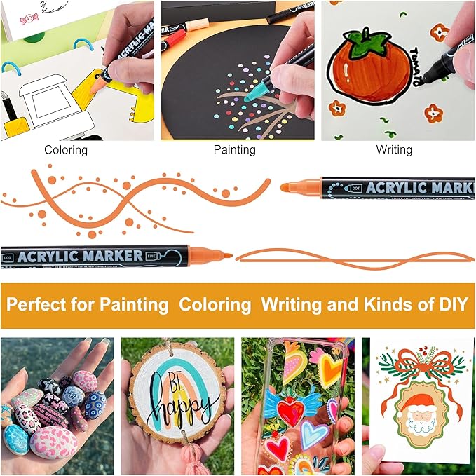 30 Colors Waterproof Dual Tip Acrylic Paint Pens, Dot & Fine Tip Premium Coloring Drawing Markers Set for Wood, Rock Painting, Canvas, Glass, Ceramic Surfaces and DIY Crafts Making Art Supplies