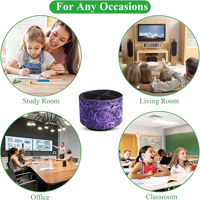 QIELIZI Round Leather Art Supply Organizer,Remote Control Holder,360 Degree Rotating,Multi-Functional Pencil Holder,4 Compartments Desktop Stationary Organizer(1-3D Rose Purple)