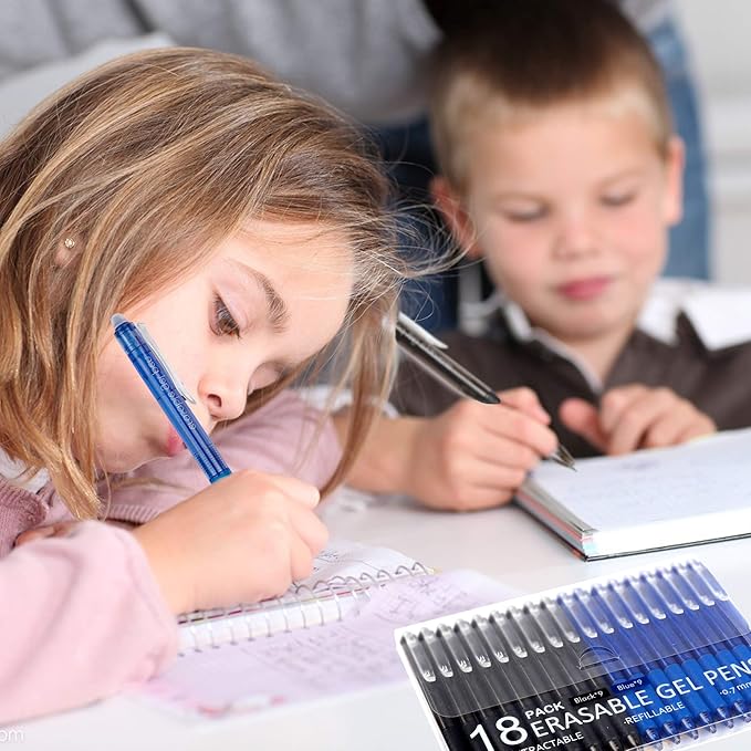 Vanstek 18 Pack Retractable Erasable Gel Pens Clicker, 9 Black & 9 Blue, Fine Point(0.7), Make Mistakes Disappear, Premium Comfort Grip Black & Blue Ink for Writting, Note Taking and Crossword Puzzles