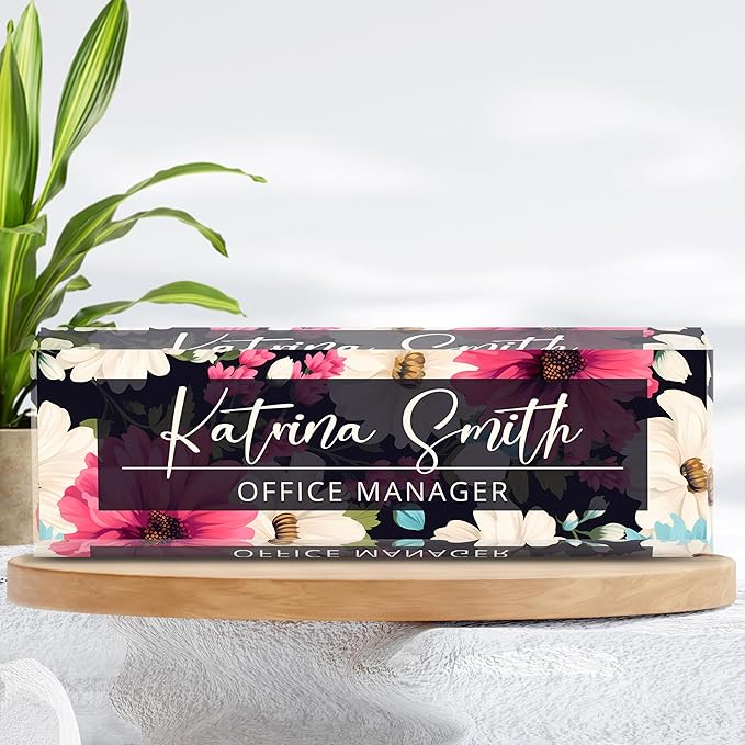 Personalized Name Plate for Desk, Custom Desk Name Plate, Acrylic Name Plate Office Desk Accessories, Personalized Office Gifts for Coworkers Teachers, Employee Appreciation Gifts (C-Dark Floral)