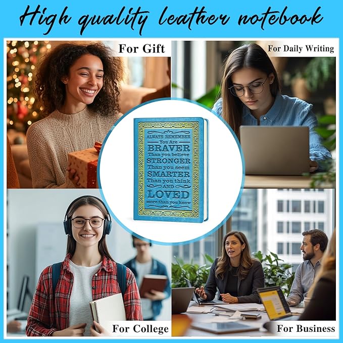 Light Blue A5 Lined Leather Journal Notebook,Inspirational Leather Journal Notebook for Men Women,200 Pages 100 Gsm Thick Ruled Paper Daily Diary for School,Travel,Business,Work (Light Blue)