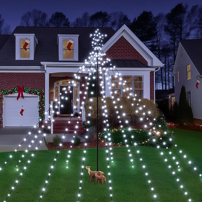 Christmas Tree Lights 340LED with Topper Star, IP67 Waterproof Remote Control Waterfall Lights with Pole, 16 Modes 3 Timers Dimmable Christmas Decorations for Outdoor Yard (White)