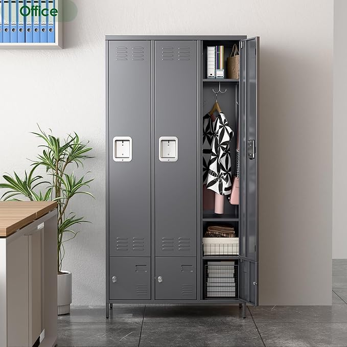 Metal Storage Locker with 3 Big Doors & 3 Small Doors, Lockers for Employees with Hooks for School Garage Office Gym Bedroom,Assembly Required,Dark Grey