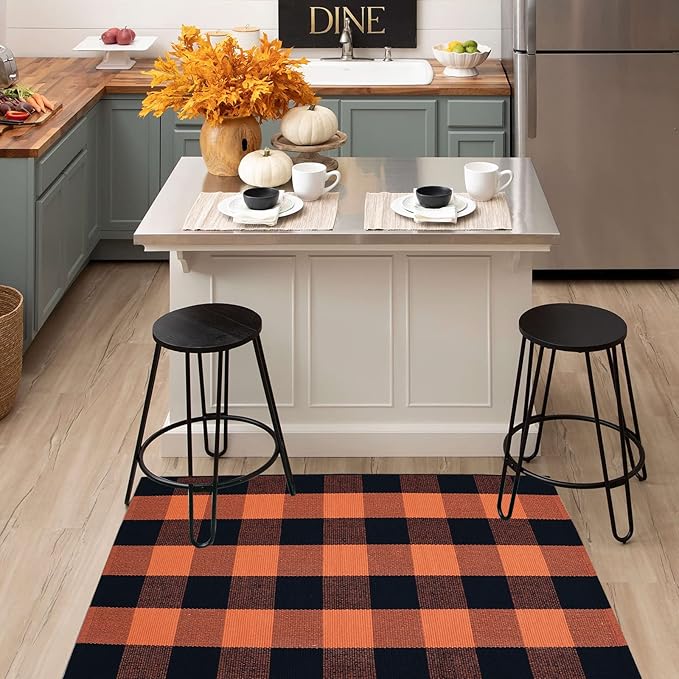 Fall Décor Orange and Black Plaid Rug, 2'4" x 3'7" Fall Outdoor Front Door Decorative Mat, Hand-Woven Rug for Layered Door Mats Washable Carpet for Porch, Entryway, Farmhouse, Autumn, Halloween
