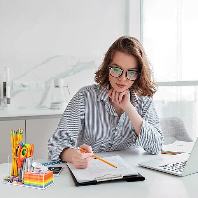 HBlife Acrylic Pen Holder Desk Organizer, 3-Compartment Pencil Holder for Desk, Clear Office Supplies Desk Accessories with Sticky Notes Holder Workspace Organizers for School, Home and Office