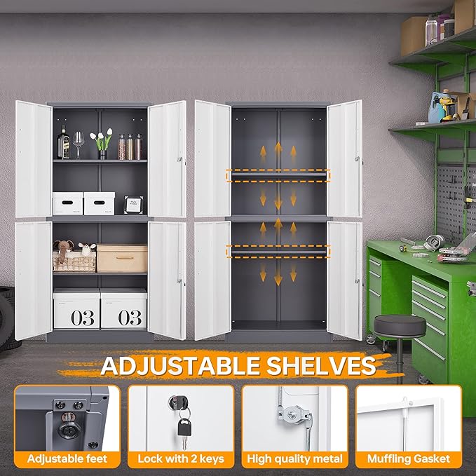 STANI Metal Storage Cabinet, Locking Steel Cabinet with 4 Doors and 2 Adjustable Shelves, 71" Tall Steel Cabinet for Home Office, Garage, School (Grey+White)