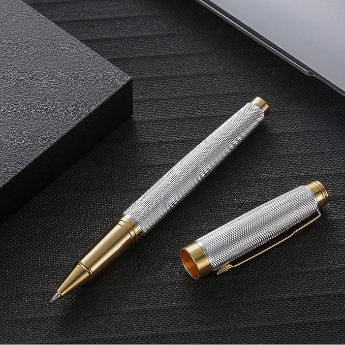 Rollerball Pen for Men Women Luxury Metal Executive Pens Home Office Use with 2 Extra Refills Black Ink 0.7mm G2(sliver)