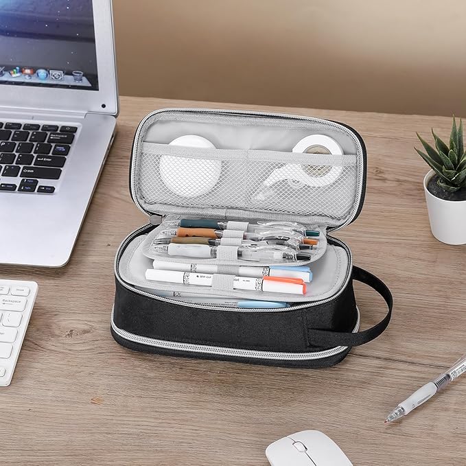 Pencil Case Large Zipper Pencil Pouch for Girls Kids Teens Adults Aesthetic Pencil Bag Stationery Organizer Pencil Case with Handle for School Black