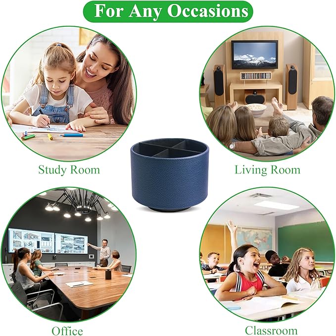 Hennaja Round Leather Art Supply Organizer,Remote Control Holder,360 Degree Spinning,Multi-Functional Pencil Holder,4 Compartments Desktop Stationary Organizer(1-Lichee Blue)