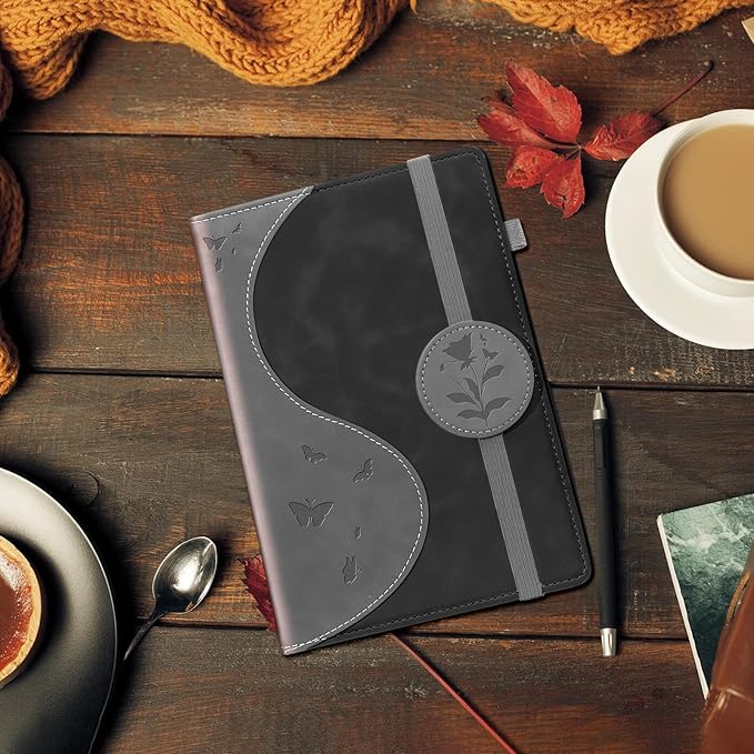 Lined Journal Notebook, A5 Hardcover Leather Journal for Men Women, 200 Pages 100 GSM Thick Paper, Journaling Notebooks for Work School Travel Note Taking, Black