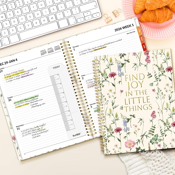 SUNEE 2026 Weekly and Monthly Planner - from January 2026 - December 2026, 8.5"x11" Daily Agenda Planner with Monthly Tab, Flexible Cover, Note Pages, Pockets, Bookmark, Spiral Binding, Wildflowers