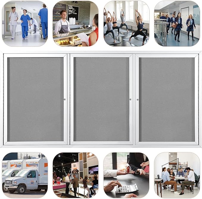 Outdoor Bulletin Board Weatherproof 72x36 in,Enclosed Bulletin Board with Locking Door, Wall Display Case for Office School Home Commercial, Silver Aluminum Frame, Gery Felt