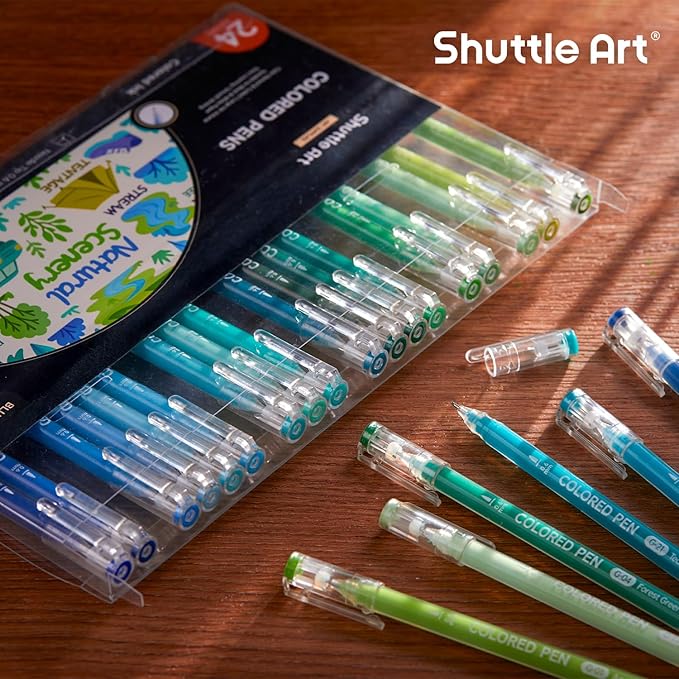Shuttle Art Colored Pens, 24 Blue & Green Tone Colors Cute Journal Pens 0.6mm Fine Point Colored Gel Pens for Black Paper Adult Coloring Writing Drawing Journaling Note Taking School Office Home