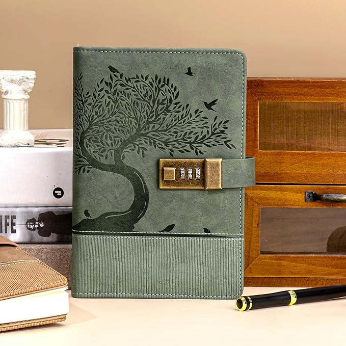 Vintage Diary with Lock for Women Girls 256 Pages Leather Journal with Lock A5 Password Locking Journals for Writing Note Taking Boys Men, 5.9x 8.3 in, Green