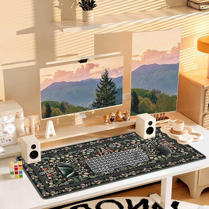 iCasso Desk Mat for Keyboard and Mouse, Large Mouse Pad, Desk Pad Mat, Anti-Slip Big Mousepad with Stitched Edges for Computer Desktop(Floral)