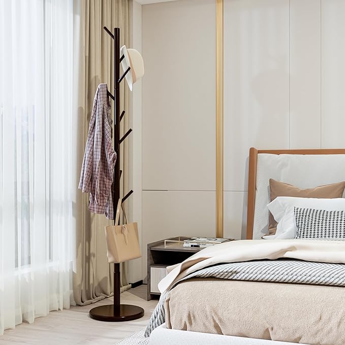 Wooden Freestanding Coat Tree with 4 Height Options and 9 Hooks, Sturdy Coat Rack Stand for Clothes/Bags/Hats, Save Space Coat Rack for Entryway, Bedroom, Office, Narrow Place (Coffee)