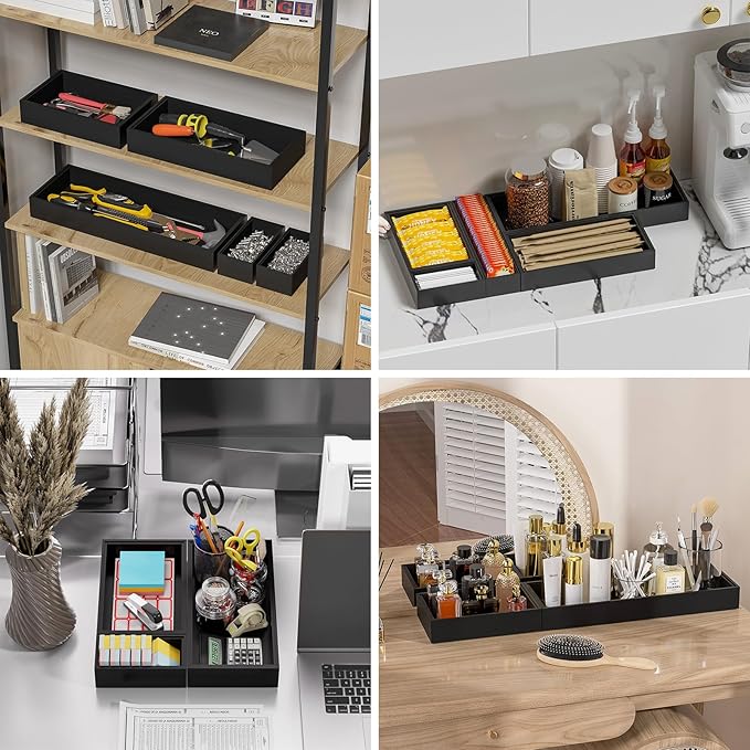 Bamboo Drawer Organizer, Cutlery Silverware Organizer for Kitchen Drawer, Stackable Utensil Organizer, 2 Pcs Flatware Organizer, Wooden Storage Box Tray (Black, 9 X 6 X 2 Inch)