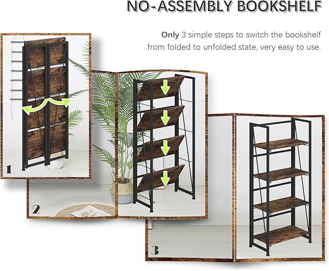 4NM No Assembly Folding Bookshelf Storage Shelves 4 Tiers Vintage Bookcase Standing Racks Study Organizer Home Office (Rustic Brown Black)